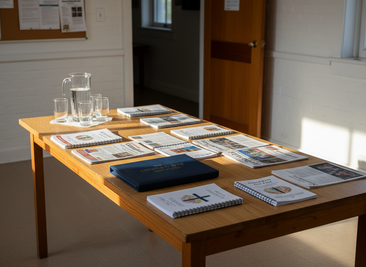 A simple wooden meeting table in a modest church fellowship hall, its surface covered with neatly arranged printed newsletters, small spiral-bound booklets, and a central folder embossed with the title “The Upward Way Network.” A plain glass pitcher of water and several empty clear tumblers stand ready at one end, emphasizing hospitality without excess. The room features white painted walls, a bulletin board in the softly blurred background, and a single open door hinting at other gathering spaces. Late afternoon light filters through an unseen window, casting warm, elongated shadows across the table. Photographic realism at an eye-level, slightly angled composition creates a welcoming, earnest, and practical mood that reflects connection and shared resources among assemblies.