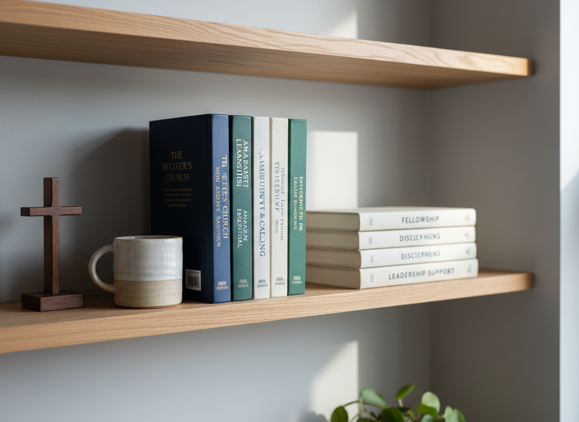 A minimalist bookshelf display featuring carefully arranged theological and leadership books with simple, dignified covers in deep navy, forest green, and cream tones. Beside the books, a small wooden cross and a handcrafted ceramic mug sit on the shelf, while a stack of printed resource guides labeled “Fellowship,” “Discipleship,” and “Leadership Support” leans upright. The setting is a quiet study corner with a light gray wall and a single window just out of frame. Diffused daylight softly illuminates the spines of the books, creating gentle gradients and subtle shadows. Photographic realism with a shallow depth of field keeps the focus on the central resources, while the background softly blurs, communicating a calm, organized, and trustworthy hub of spiritual and practical tools for Anabaptist assemblies.