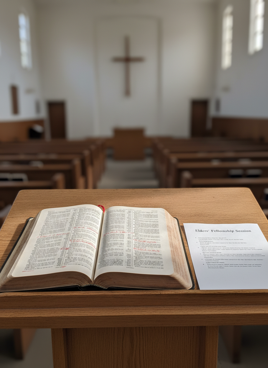 A close-up of a well-worn, open Bible resting on a simple wooden lectern, its thin pages slightly curled at the edges and underlined in a few places. Next to it lies a slim, neatly printed outline titled “Elders’ Fellowship Session,” with bullet points visible but not fully readable. The background reveals a softly focused sanctuary with rows of empty wooden benches and a plain, unadorned front wall, echoing historic Anabaptist simplicity. Gentle, diffused light from side windows bathes the scene, creating delicate highlights on the page edges and subtle shadows along the lectern’s grain. Photographic realism with a shallow depth of field centers the Word and the outline, evoking a reverent, earnest atmosphere of shared leadership and humble guidance.