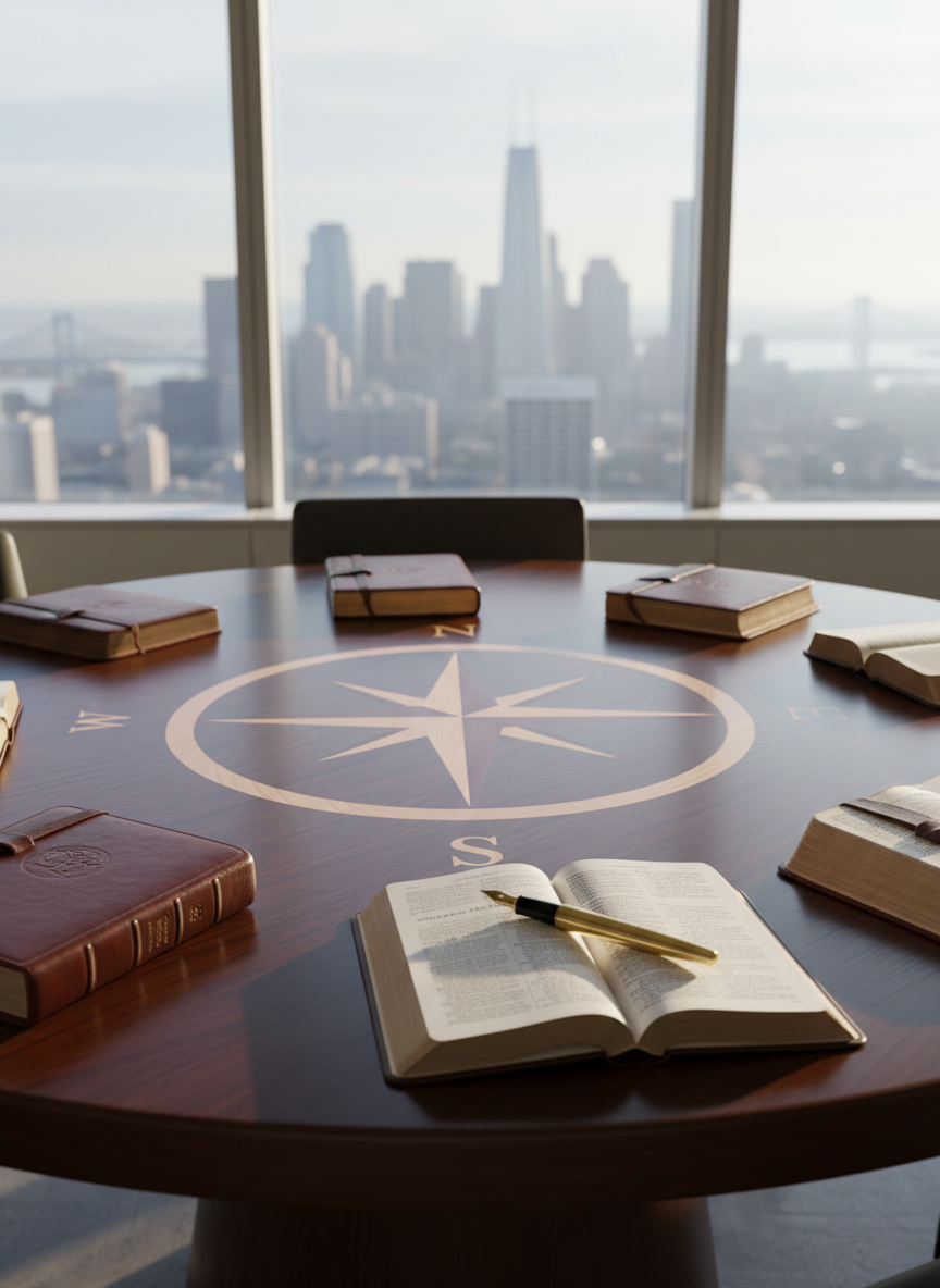 A polished round wooden conference table with an inlaid compass rose design at its center, symbolizing many directions converging into one point. Around the table lie neatly arranged leather-bound notebooks, open Bibles, and a single brass fountain pen resting on a page marked “Fellowship & Vision.” The room is a bright, modern meeting space with large windows revealing a distant, hazy North American city skyline. Soft morning sunlight pours in, creating gentle highlights on the wood grain and subtle reflections on the pen’s metal. Photographic realism, eye-level composition with a shallow depth of field, keeps the focus on the table’s center, conveying a calm, professional, and collaborative atmosphere suited to a leadership fellowship network.