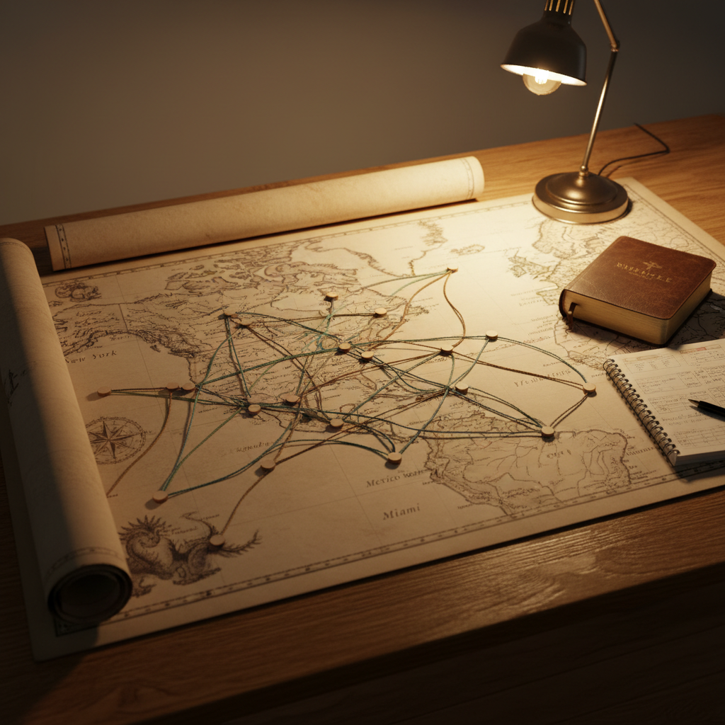An expansive, detailed map of North America printed on textured parchment-style paper, spread flat across a smooth oak table. Fine threaded cords in muted blues and greens stretch between small wooden markers placed on various cities, visually tracing a subtle network of connections. A well-used study Bible, a neatly organized notebook, and a simple metal reading lamp sit near the map’s edge. Warm overhead lighting and the soft glow from the lamp create a cozy yet professional ambiance, casting gentle shadows along the cords that suggest depth and relationship. Captured from a slightly elevated angle in photographic realism, the composition uses the rule of thirds to emphasize the central web of connections, reflecting a thoughtful, faith-rooted network across North America.